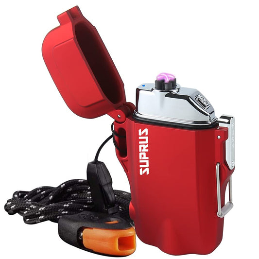 SUPRUS - Waterproof Lighter 3 Modes of Flashlight Windproof Lighter Dual Arc Electric Lighters Rechargeable Dual Arc Plasma Lighter with Survival Emergency Whistle and Lanyard Red