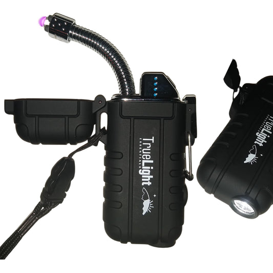 TRUELIGHTESSENTIALS - Electric Rechargeable Plasma Lighter - Waterproof USB Arc Lighters with Flashlight LED Battery Indicator and Flexible Neck for Candle Survival Camping Essentials Emergency (Black)