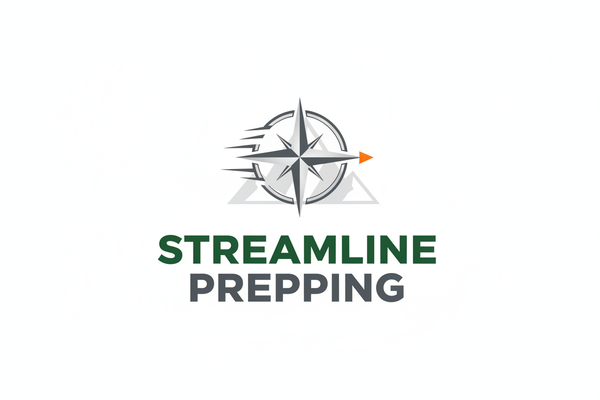 "A clean, minimalist logo featuring a compass icon with a subtle mountain silhouette in the background. The brand name 'Streamline Prepping' is written in bold, industrial-style lettering font "Oswald", with the first part of the name in dark green and the second part in gray. The icon is designed with sharp, flowing lines that suggest both movement and precision. A small orange accent is added to one side to signify preparedness and urgency. Transparent Background.